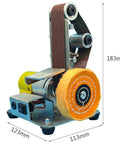 Compact Desktop Vertical Mini Electric Polishing Belt Sander Machine With 9000 Rpm Grinding Wheel Motor. 183mm tall, metal construction.