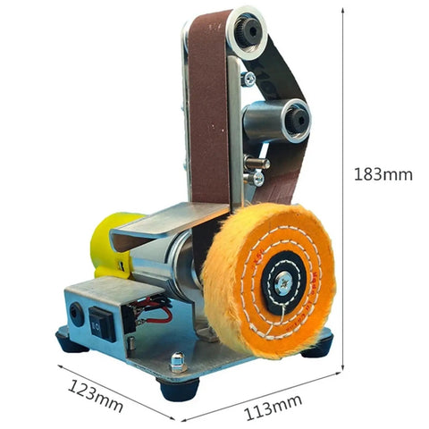 Compact Desktop Vertical Mini Electric Polishing Belt Sander Machine With 9000 Rpm Grinding Wheel Motor. 183mm tall, metal construction.