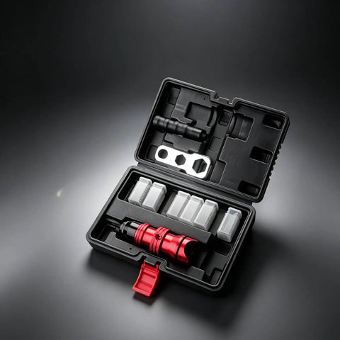 Heavy Duty Electric Rivet Adapter Kit With Premium Aluminum Housing And Textured Grip For Versatile DIY Projects Plus M4 Through 10mm Size Compatibility For Pros On The Go. Open case with red adapter and bits