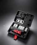 Heavy Duty Electric Rivet Adapter Kit With Quick Change Wrench And Multiple Size Heads For Fastener Conversions Perfect For Garage Work Or Tough Construction Jobs On Site. Red aluminum alloy rivet adapter in case with heads and wrench