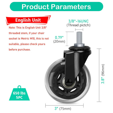 Premium Five Pack Office Chair Caster Wheels With 3/8 Inch 16 Unc Threaded Stem replacement roller with black and clear design.