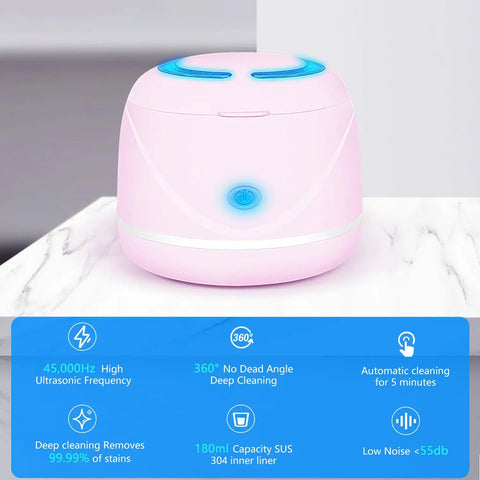 Dual Mode Ultrasonic Cleaner For Dentures Mouth Guards Toothbrush Heads And Jewelry 45 KHz Retainer Cleaner With 5 Minute Quick Blue Light Clean And 3 Minute Deep Purple Light Clean Pink, front view