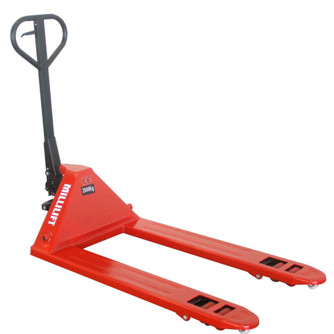 Heavy Duty Manual Pallet Jack With Forty Eight Inch Forks And Five Thousand Five Hundred Pound Capacity Built Like A Tank Using High Strength Steel For Rock Solid Performance On Demanding Warehouse Tasks And Pro Hauling