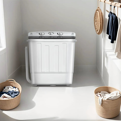 Compact Portable Washing Machine Featuring Heavy Duty Motor And Rapid Clean Cycle With Free Drying Rack Ten Sturdy Hangers in a bright laundry room.