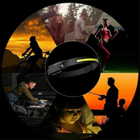 GoBeam 230 Degree Wide Beam LED Headlamp Pack Of 2 Rechargeable Headband Work Light, showcasing outdoor activities and nighttime tasks.