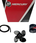 Mercury Mercruiser marine hardware kit with propeller, hose, and oil filter for outboard engines, in front of branded box.