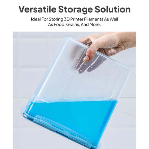 4L Filament Drying And Storage Box For 3D Printers Dustproof Waterproof Canister shown holding blue liquid, hand lifting the container