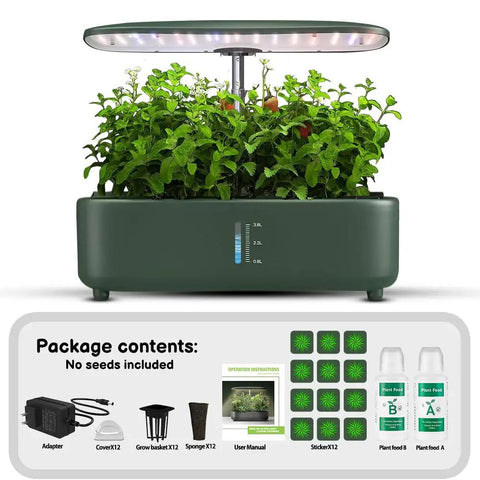 Indoor Hydroponics Garden Kit With 12 Pods LED Grow Light Auto Timer Adjustable Height Up To 17 Inches showing contents