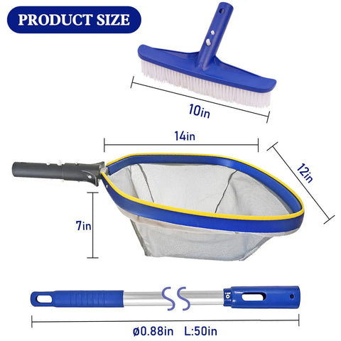 All In One Pro Grade Pool Cleaning Kit With 10 Inch Nylon Brush And 50 Inch Telescopic Aluminum Pole With Ultra Fine Mesh Skimmer Net