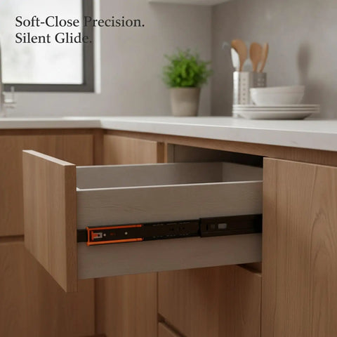 Soft Close Drawer Slides With Buffer Mechanism, Pro Grade Cold Rolled Steel Ball Bearing Glides for kitchen drawer opening