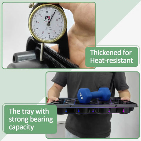 Person holding a black nursery tray testing strong bearing capacity and thickness for heat resistance.