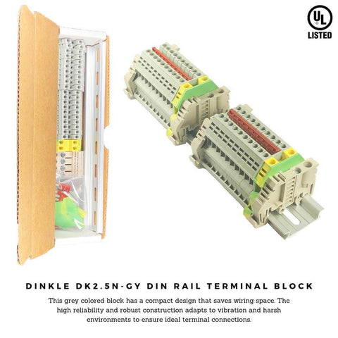 Gray DIN Rail Terminal Block Kit With 20-Position DK2.5N, 12 AWG, 20A, 600V Ground, DK4N-PE Jumpers, box and assembled view