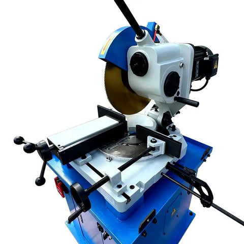 Knockout Shop Beast 4 HP 16 Inch Cold Cut Saw with adjustable spinner vise for metal cutting. Ideal for steel and aluminum.