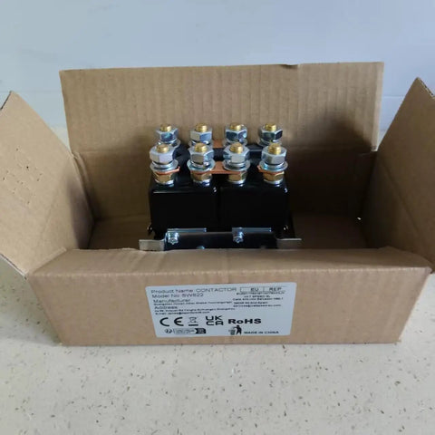 Top Shelf Sw822 Replacement Contactor 48V DC 100 Amps Double Pole Single Throw in cardboard box, showing wiring terminals.
