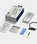 Next Level 80Gbps M.2 NVMe SSD Enclosure With Thunderbolt 5 And USB4 V2 Support, silver casing with guide and tools.
