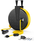 30 Foot Retractable Extension Cord Reel With Ceiling Or Wall Mount Sixteen Gauge Three Conductor SJTW Power Cord Three Outlets 10 Amp Breaker Metal Plate UL Listed For Garage And Shop.