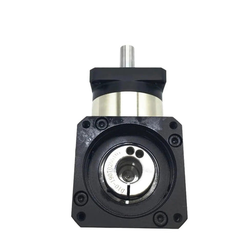 Right Angle Planetary Gearbox With Ratios 3 To 100 To 1 For Quick DC Motor Hookups featuring steel assembly, front view.