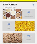 Image showing application areas for automatic seed counting machine; sections include grains, corn, and crop seeds with microcomputer control.