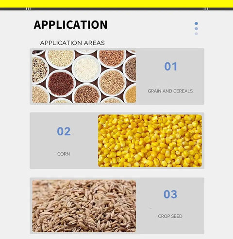 Image showing application areas for automatic seed counting machine; sections include grains, corn, and crop seeds with microcomputer control.