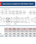 Technical diagram of #35 roller chain dimensions for Tough As Nails Roller Chain Sprocket 12 Teeth B Type For Three Eighths Inch Pitch