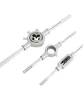 Close-up of tap and die tools from 110 Piece Metric And SAE Tap And Die Set For Metalworking With Beefy Alloy Steel Titanium Tools