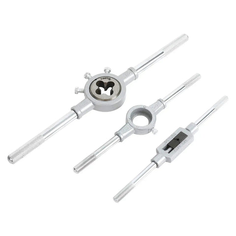 Close-up of tap and die tools from 110 Piece Metric And SAE Tap And Die Set For Metalworking With Beefy Alloy Steel Titanium Tools