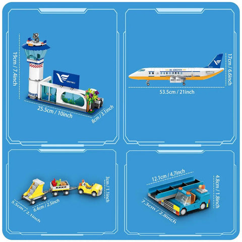 Epic City Passenger Airplane Building Set With LED Lights 901 Pieces dimensions and components displayed on blue background