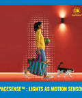 Woman with groceries and cat triggers Clear 60W ST19 Filament LED Smart Bulb with motion activation in red hallway.