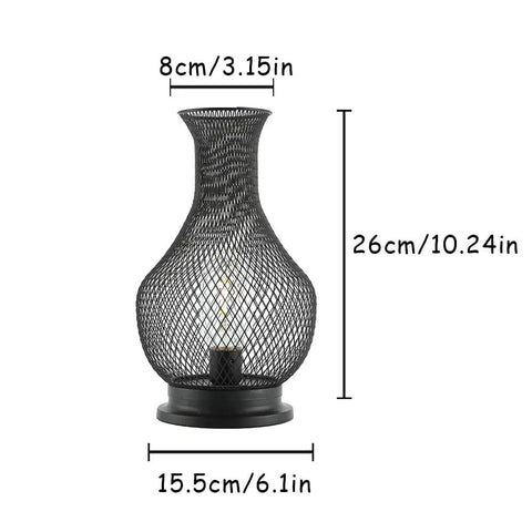 11 Inch Tall Metal Battery Operated Table Lamp In Vase Shape With Mesh Design, showing dimensions, black finish