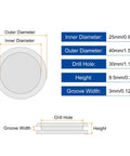 Eight Pack Rubber Grommets For 1-1/8 Inch Drill Holes dimensions, inner 25mm, outer 40mm, thickness 8.5mm, groove width 3mm