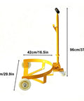 No Sweat Heavy Duty Drum Dolly For 55 Gallon Steel Barrels Reinforced Rolling Cart with dimensions and smooth glide wheels.