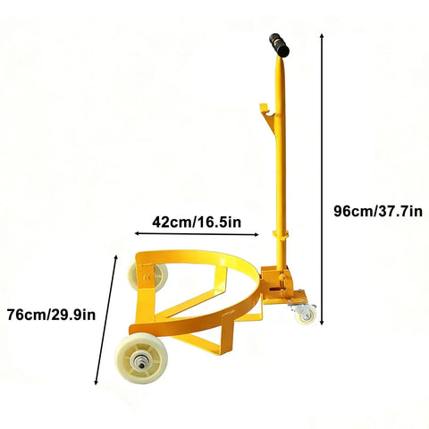 No Sweat Heavy Duty Drum Dolly For 55 Gallon Steel Barrels Reinforced Rolling Cart with dimensions and smooth glide wheels.