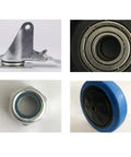 Heavy Duty Furniture Casters Featuring Dead Silent Rollers And Dual Locking Brakes For Easy Gliding Cart Assembly Premium Industrial Strength Shock Absorbing Blue Casters close-up of wheel, bearing, and locking mechanism.