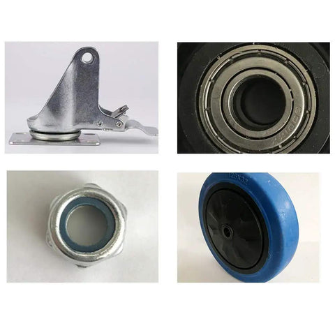 Heavy Duty Furniture Casters Featuring Dead Silent Rollers And Dual Locking Brakes For Easy Gliding Cart Assembly Premium Industrial Strength Shock Absorbing Blue Casters close-up of wheel, bearing, and locking mechanism.