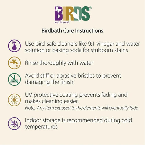 Birdbath care instructions including cleaning, rinsing, and storage guidance.