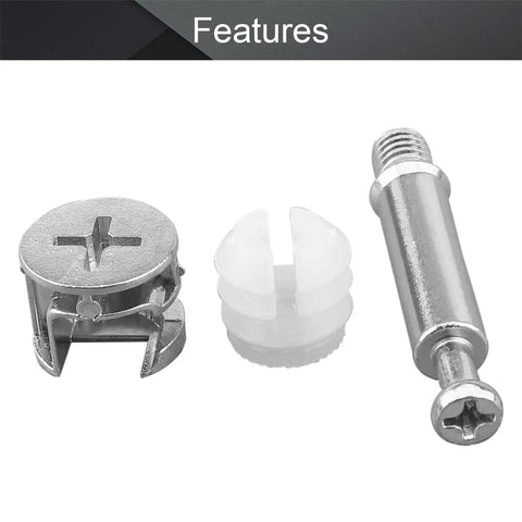 Heavy Duty Metal Furniture Connector Kit Featuring Hella Sturdy Cam Lock Fittings, comprising a metal cam lock, dowel, and threaded insert.