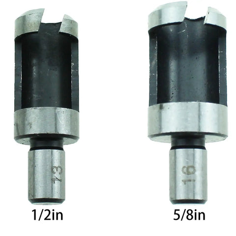 Heavy Duty High Speed Steel Dowel Plug Removal Drill Bit Set, titanium coated plug cutters 1/2in and 5/8in sizes.