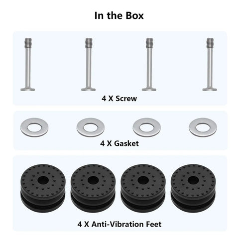 Rock Solid 3D Printer Anti Vibration Feet Pads With Screw And Gasket Replacement Kit includes 4 screws, 4 gaskets, and 4 anti-vibration feet.