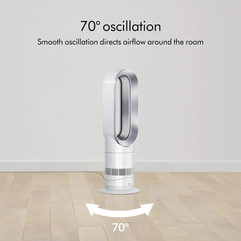 Hot And Cold Air Multiplier Space Heater And Fan With Jet Focus Technology In White Showing 70-Degree Oscillation For Room Airflow