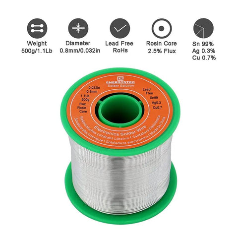 Lead Free Solder Wire With Rosin Core Flux 2.5 Percent Flow 0.032 Inch 0.8mm Diameter 1.1 Pound 500 Gram Spool For Electronics Soldering Sn99 Ag0.3 Cu0.7 Easy To Solder Bright Joints.