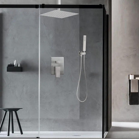 10 Inch Ceiling Mounted Shower System With Rain Mixer And Rainfall Head Brushed Nickel Finish in modern bathroom setup