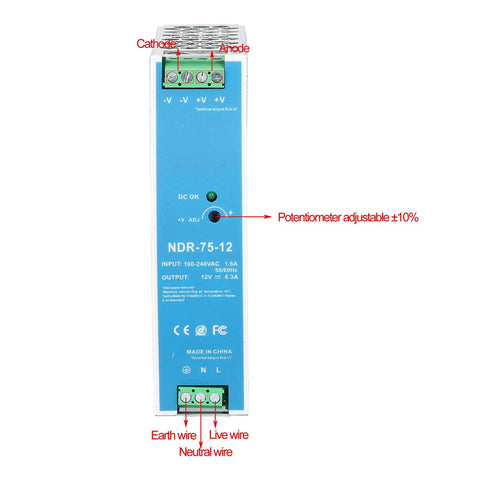 Rock Solid Rail Power Supply With Copper Transformer And Stable Voltage Adjustment For Efficient Reliable Use From AC 100 To 240V In Industrial Settings Such As Control Panels Automation And Test Benches, front view with terminals