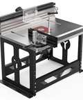 Rock Solid Bench Top Router Table Built Like A Tank For Real Shop Work Portable 16 Inch Work Height With Standard Insert Plate and Heavy Duty Locking Bar detailed view of the aluminum router table with a black sturdy base.