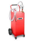 Front view of Big 35 Gallon Gas Caddy With Wheels, Heavy Duty Fuel Tank For Cars, Lawn Mowers, ATVs And Boats, Two Way Rotary Hand Pump, Portable Diesel And Gasoline Storage For On The Go