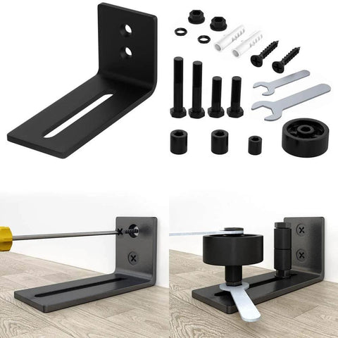 Flush Floor Sliding Barn Door Roller Guide Set With Wall Mounted Hardware, Adjustable Stay Rollers in black, installation view.