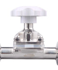 Front view of DERNORD sanitary diaphragm valve, 316L stainless steel, white handwheel, 1.5-inch tri-clamp ends.