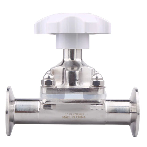 Front view of DERNORD sanitary diaphragm valve, 316L stainless steel, white handwheel, 1.5-inch tri-clamp ends.