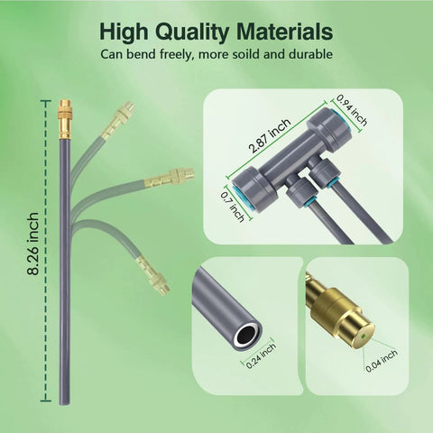 Double Head Drip Irrigation System With 360 Degree Adjustable Sprayers And 24 Nozzles for even watering, showing tubing and connectors dimensions.