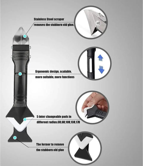Three In One Caulking Tool With Stainless Steel Head For Pro Grade Glass Glue Scraping And Sealant Removal showing interchangeable pads