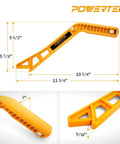 Two Piece Universal Featherboard And Magnetic Push Stick Safety Kit for table saws, showing orange push stick dimensions and details.